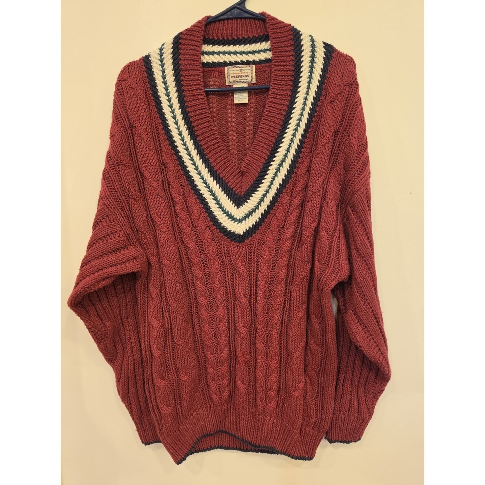Vintage Weekends Cable Knit Cricket Sweater XL Burgundy Oversized Varsity